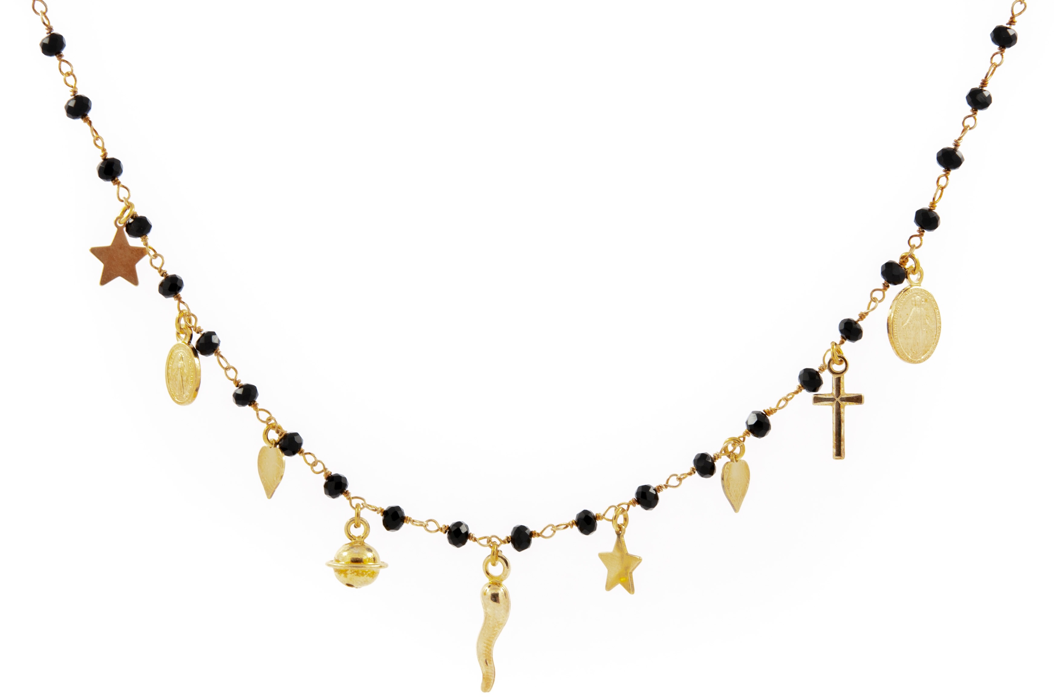 Collana rosario spinello nero cornetto e pendenti argento dorato