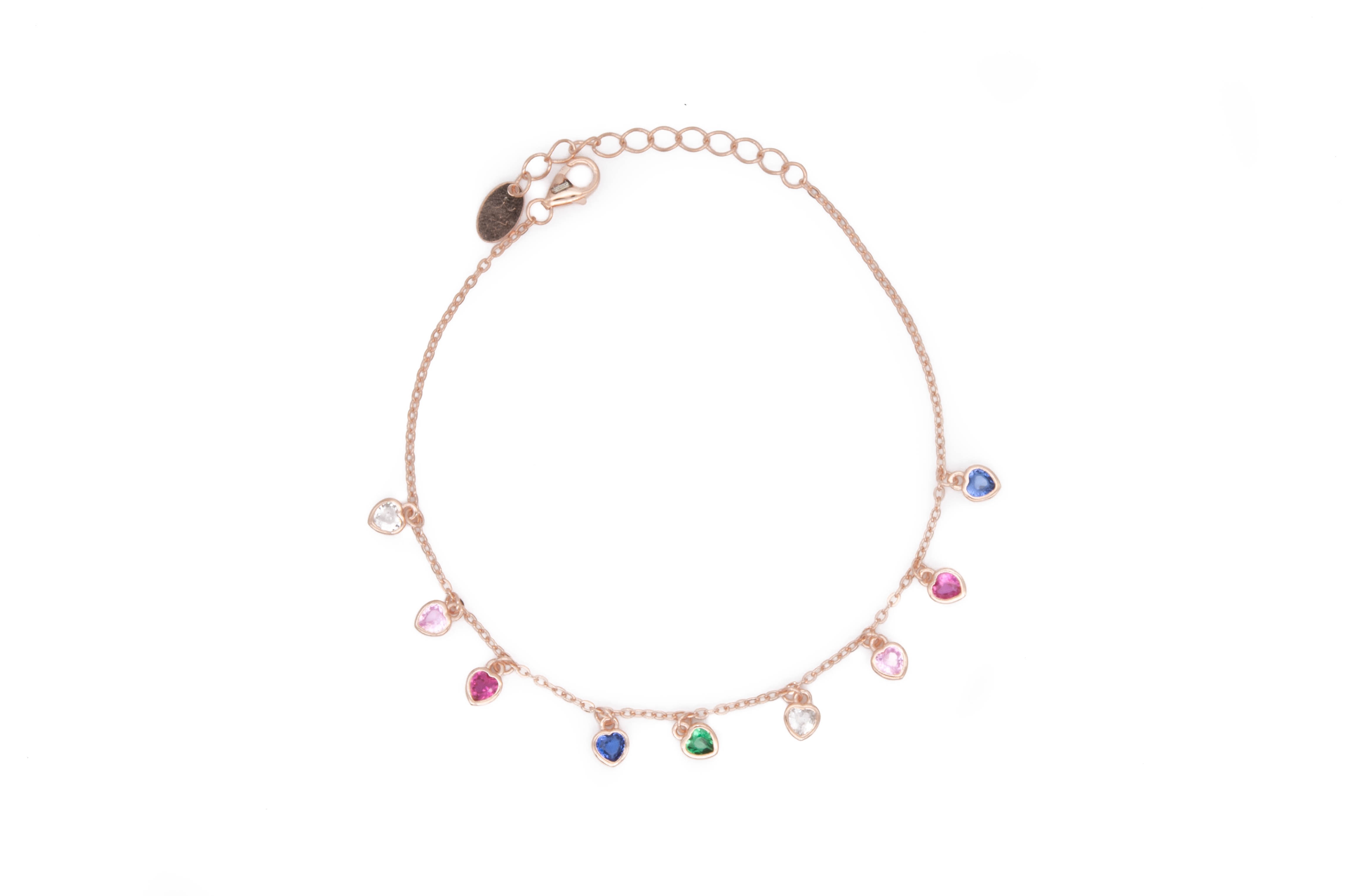 Bracciale cuoricini multicolor argento rosato
